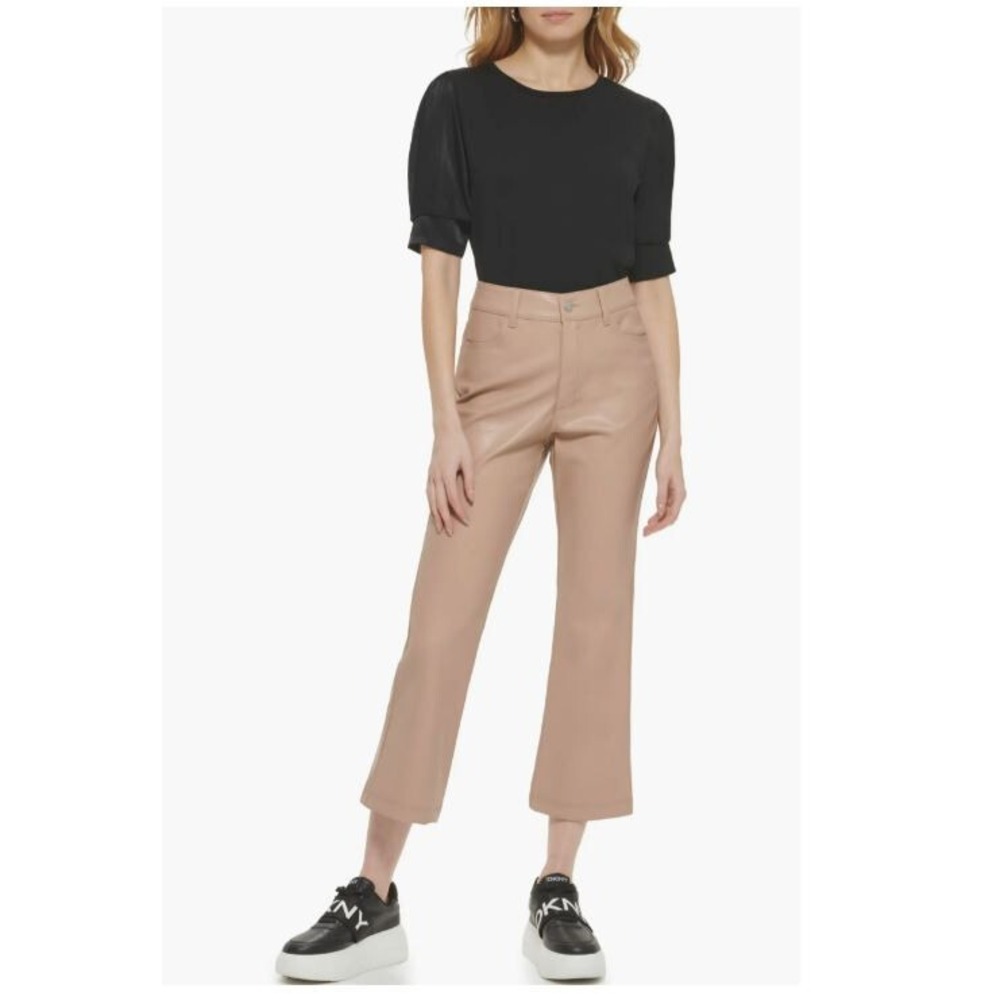 DKNY women pants P2GKTO69 beige mushroom polyester faux leather sz 6 $89